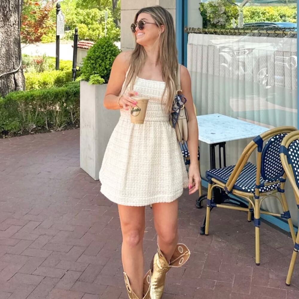 HILL HOUSE Cher Dress Coconut Tweed Boucle Metallic Cream Gold Sz L {DD48} - Picture 1 of 7